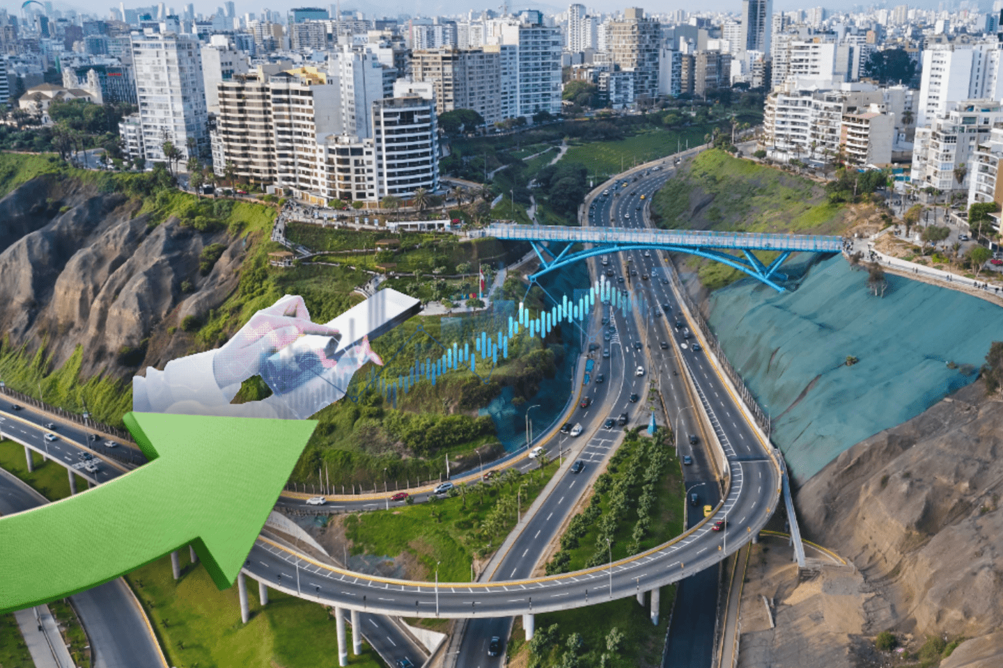 Vista aérea de una zona urbana con carreteras, edifcios, puentes, edificios residenciales y comerciales, junto con flechas y gráficos de finanzas para representar eficiencia en la inversión pública