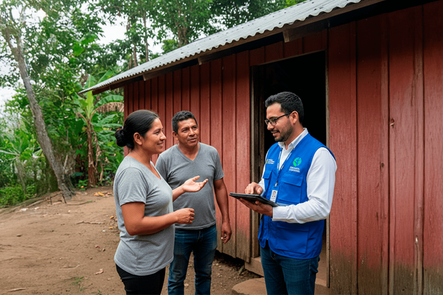AI Generated Image of a Volunteer for Malaria elimination talking to two people in a village