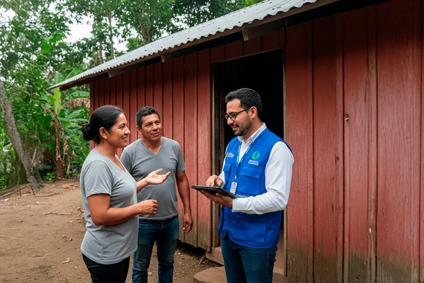 AI Generated Image of a Volunteer for Malaria elimination talking to two people in a village
