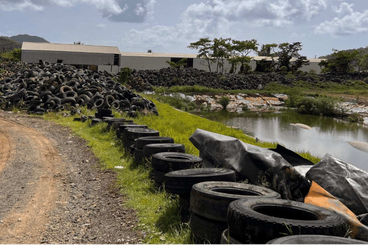 Stockpiles of end-of-life tires near a water body, highlighting environmental risks and the need for proper waste management and circular economy solutions.