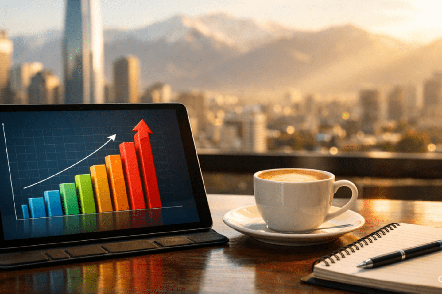 Tablet, xícara de café e caderno no escritório de uma empresa multinacional com vista para uma cidade da América Latina.