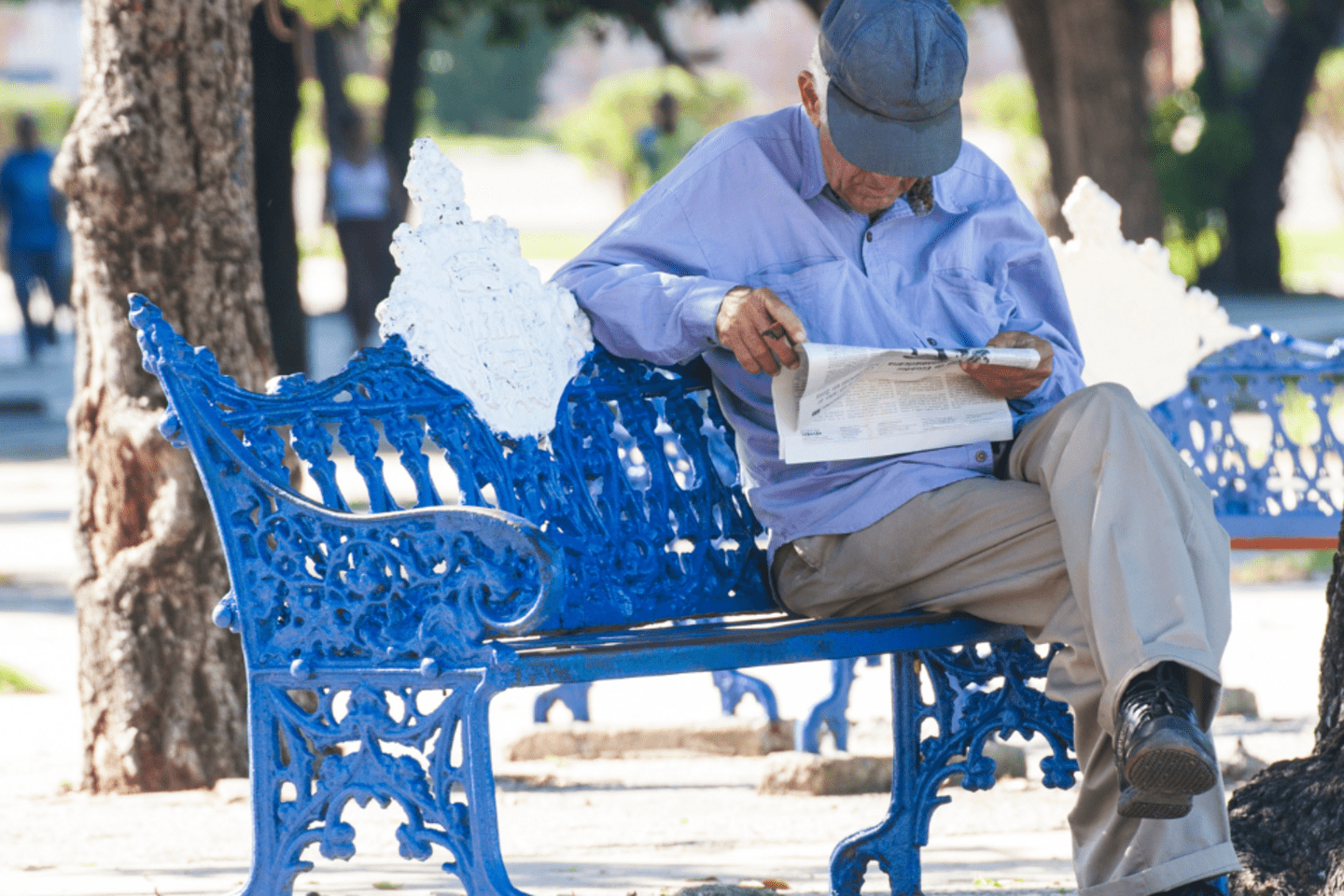 Man reading a newspaper on a park bench