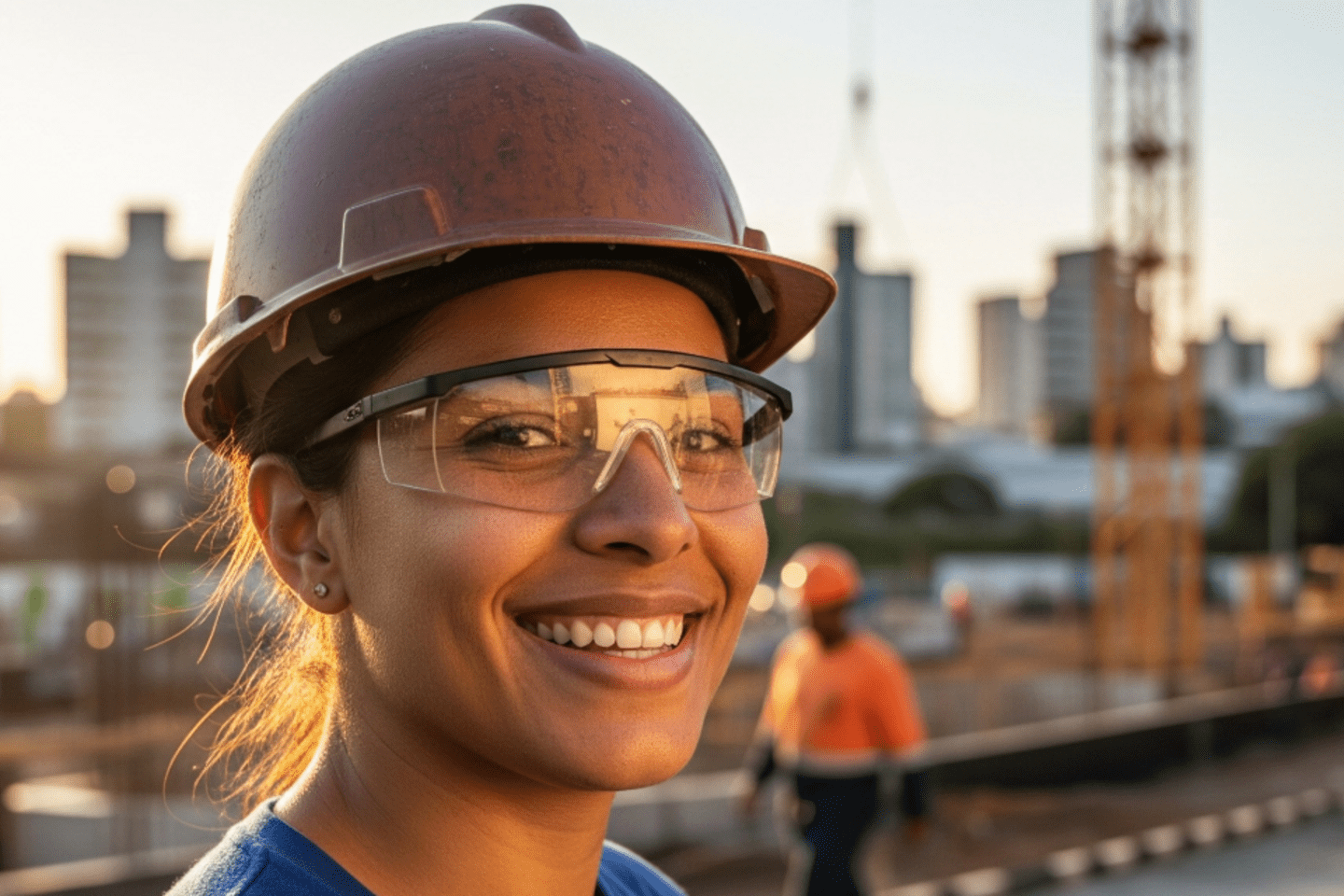 Mujer sonriente con casco y gafas de seguridad en una obra de construcción, con edificios de la ciudad al fondo y otros trabajadores desenfocados detrás.