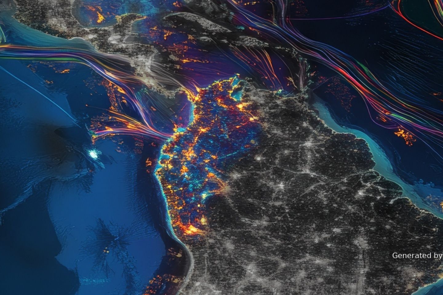 Nighttime satellite view of northern South America with city lights and colorful data flows.