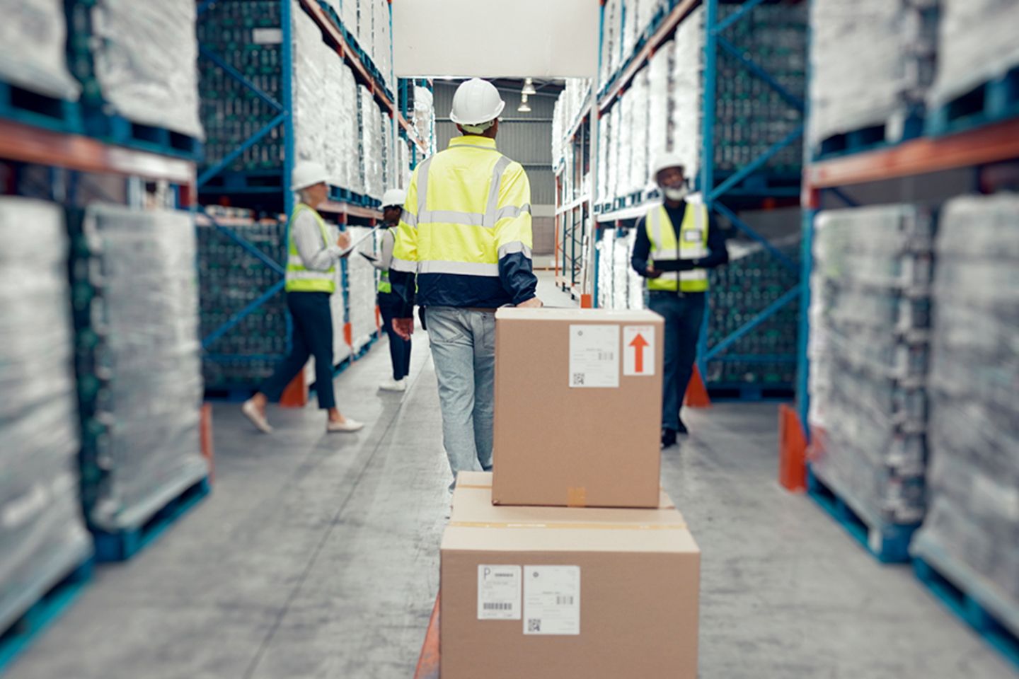 A worker pulls a pallet of goods in a warehouse.