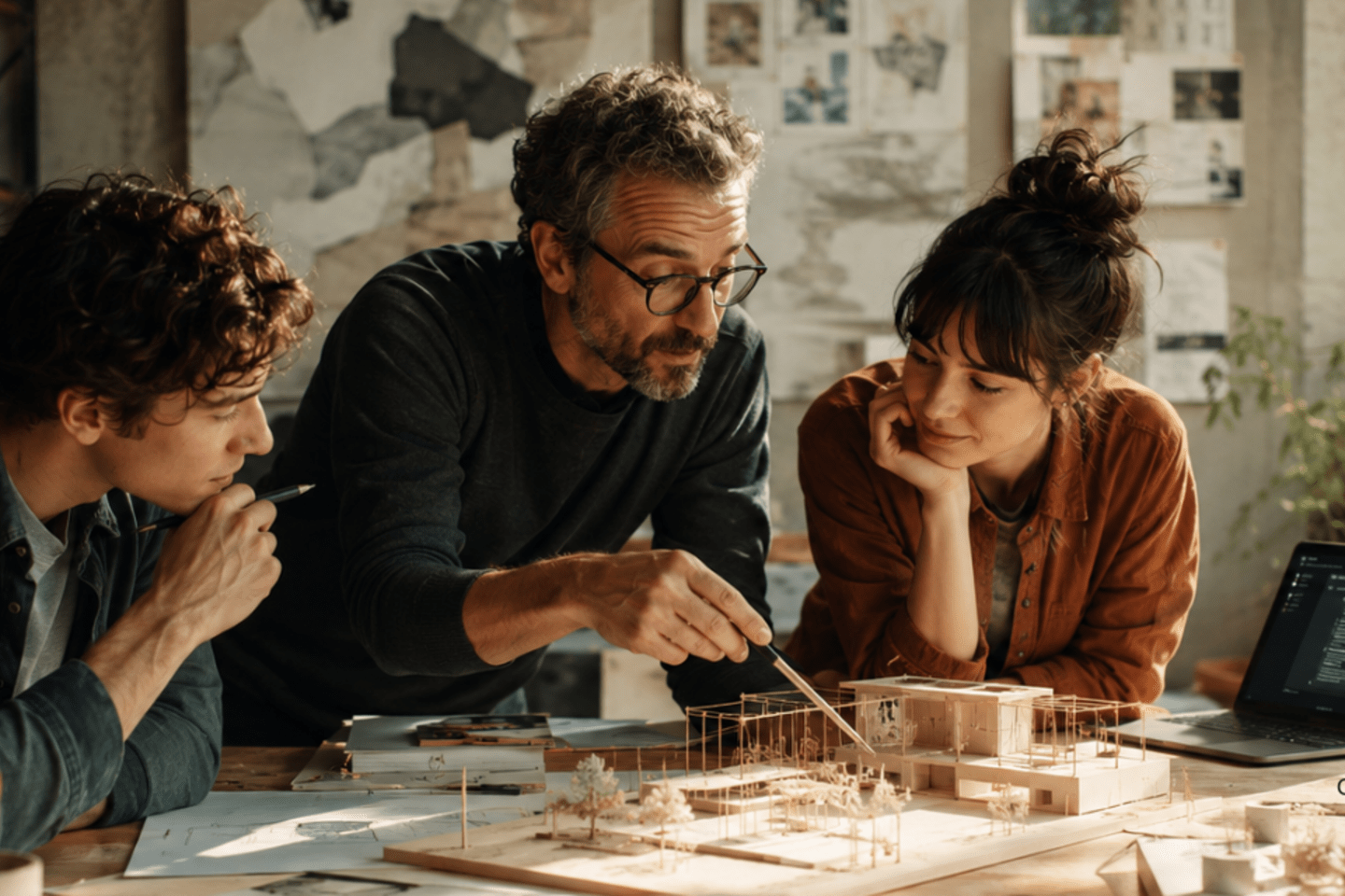 Tutor enseñanado a alumnos en una mesa