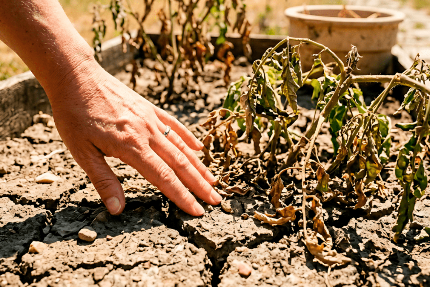 Mano tocando suelo seco y agrietado junto a plantas marchitas afectadas por la falta de agua.