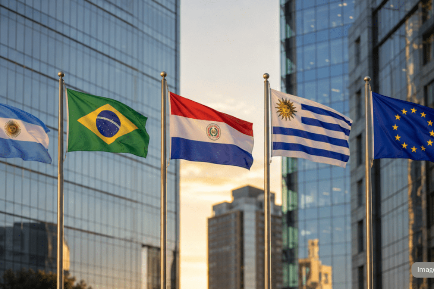 Bandeiras dos países do Mercosul em frente a edifícios