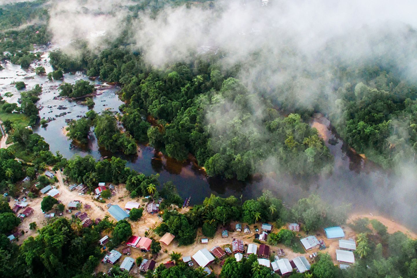 Aerial view of a rural community along a river.
