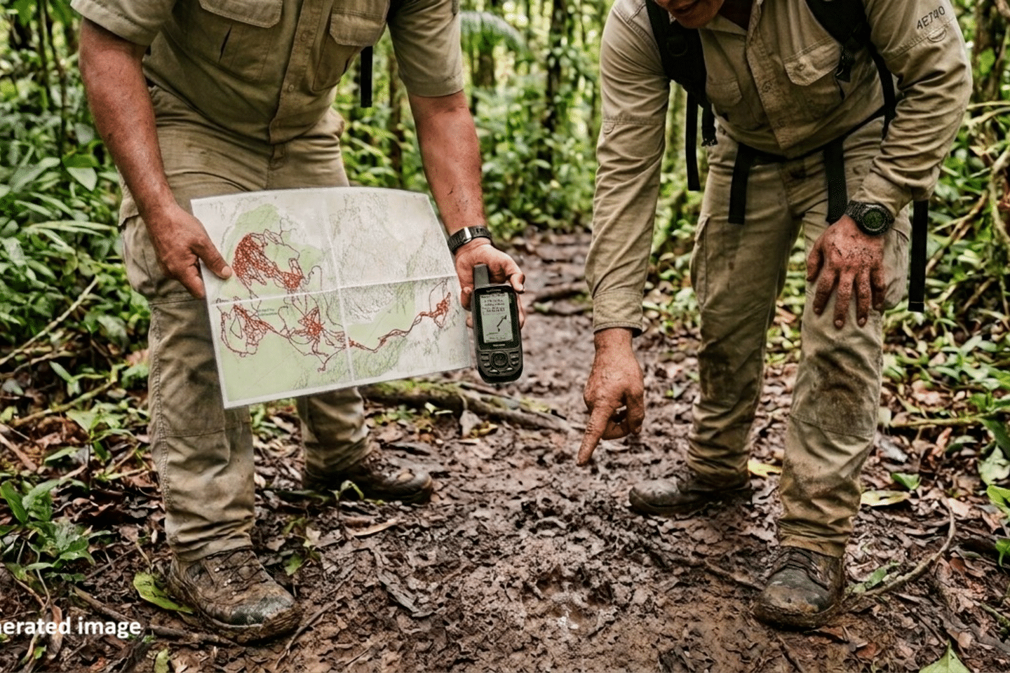 People looking at map, GPS and jaguar footprints