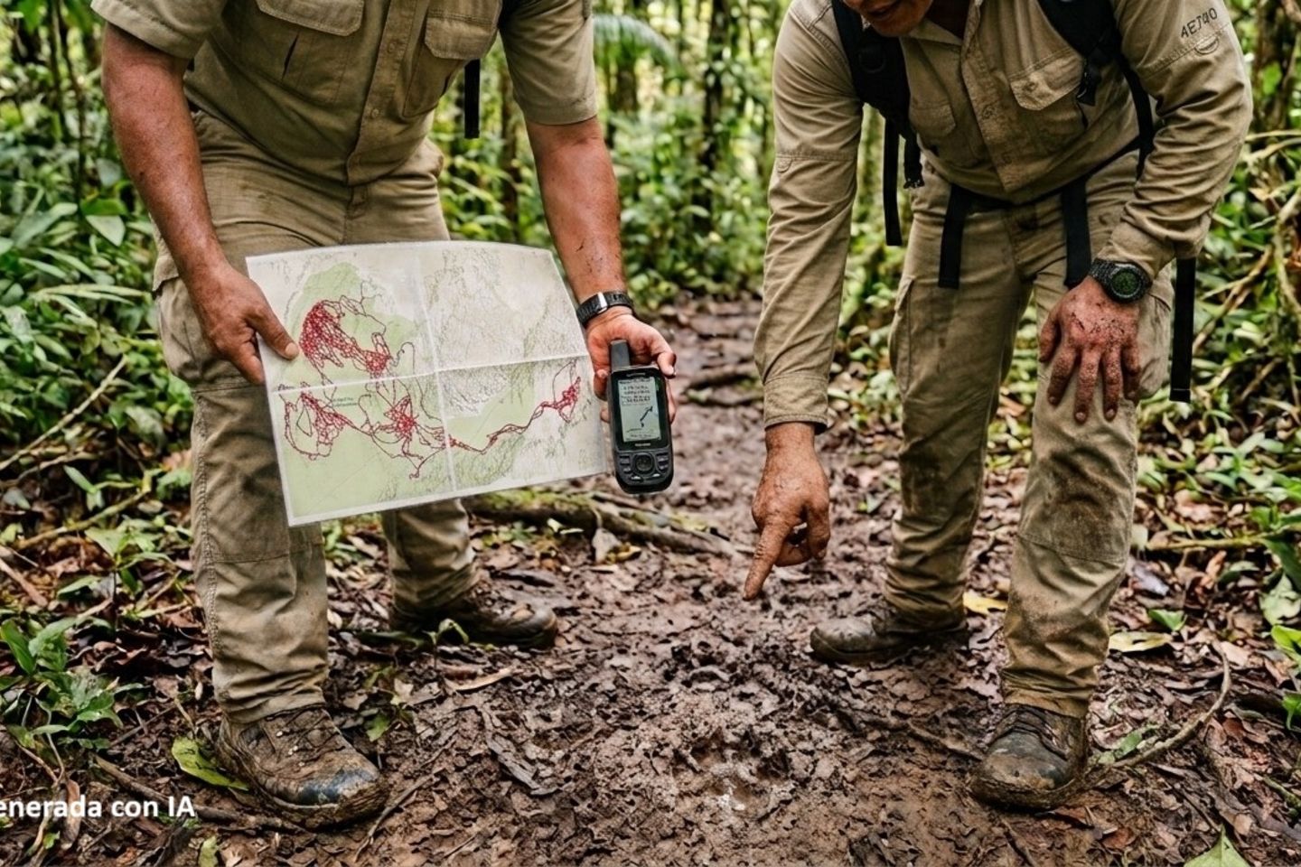 Personas mirando un mapa, un GPS y huellas de jaguar