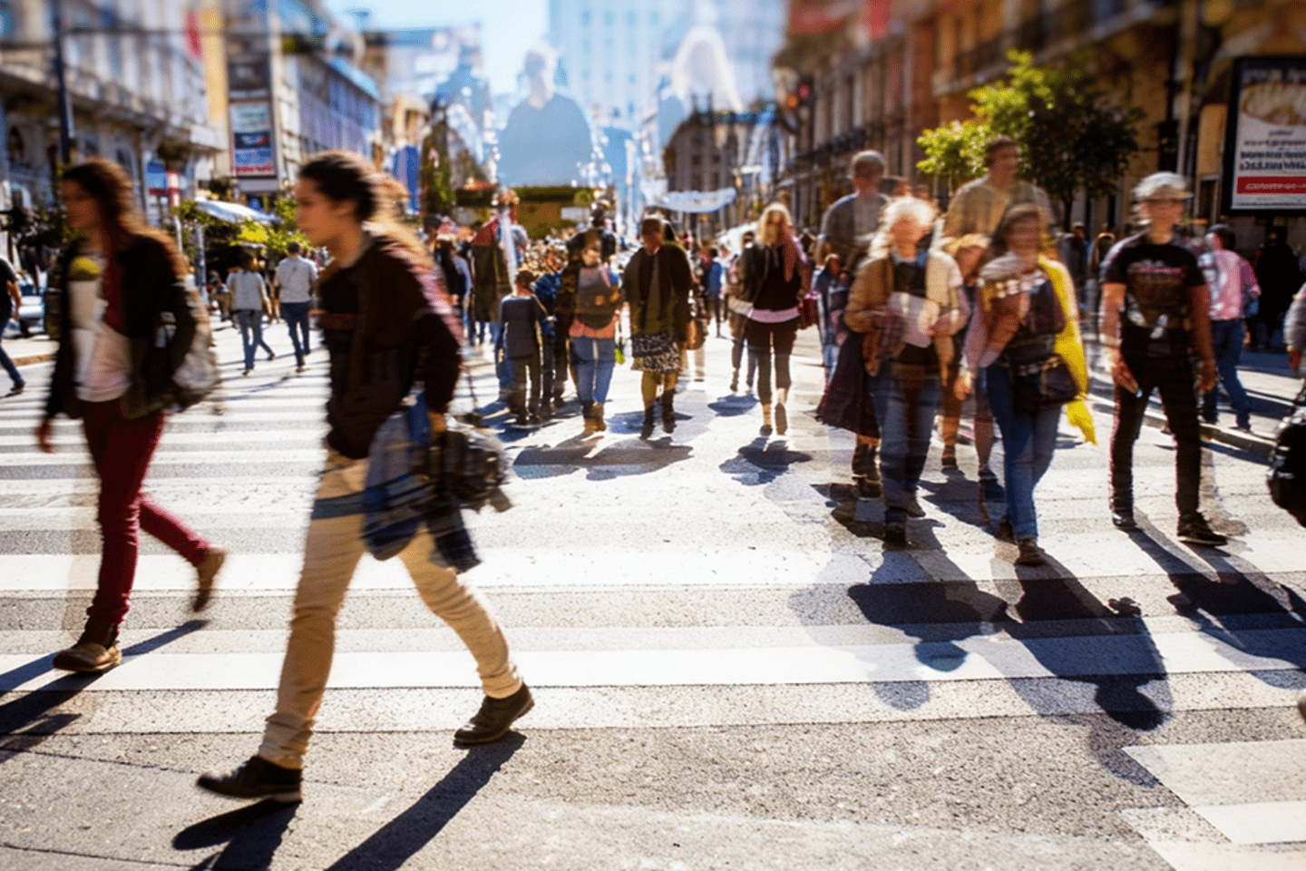 Calle con personas diversas caminando en diferetnes direcciones. 
