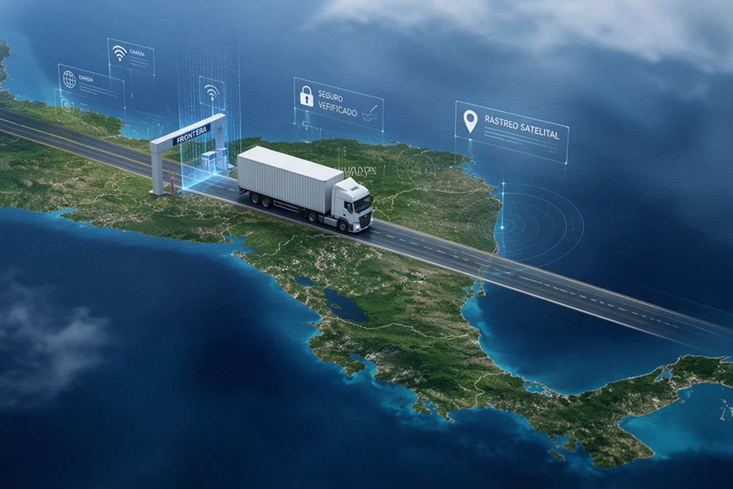 A cargo truck crosses Central America through a digital border checkpoint.