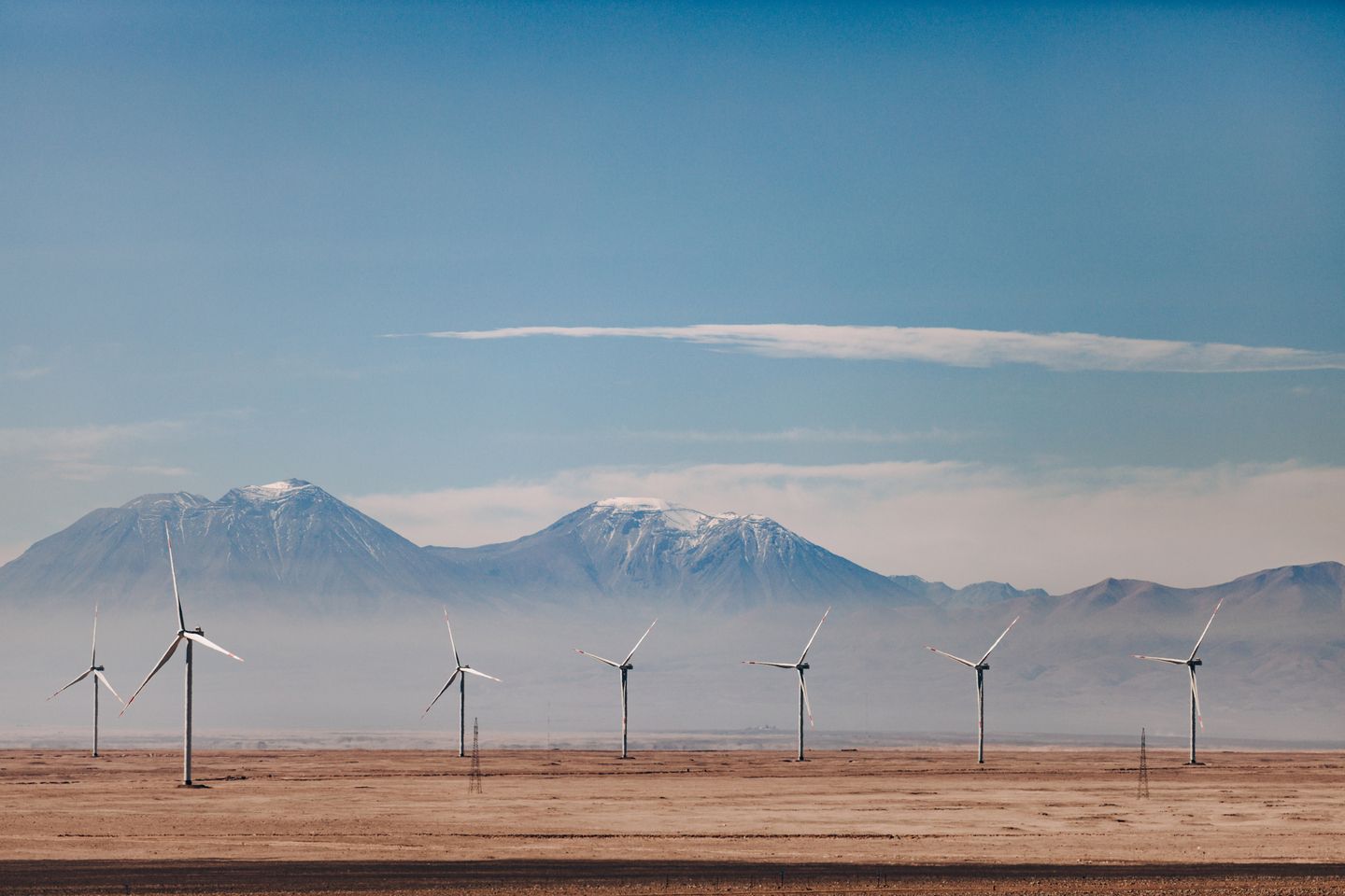 Wind turbines on an arid plain with mountains in the background.