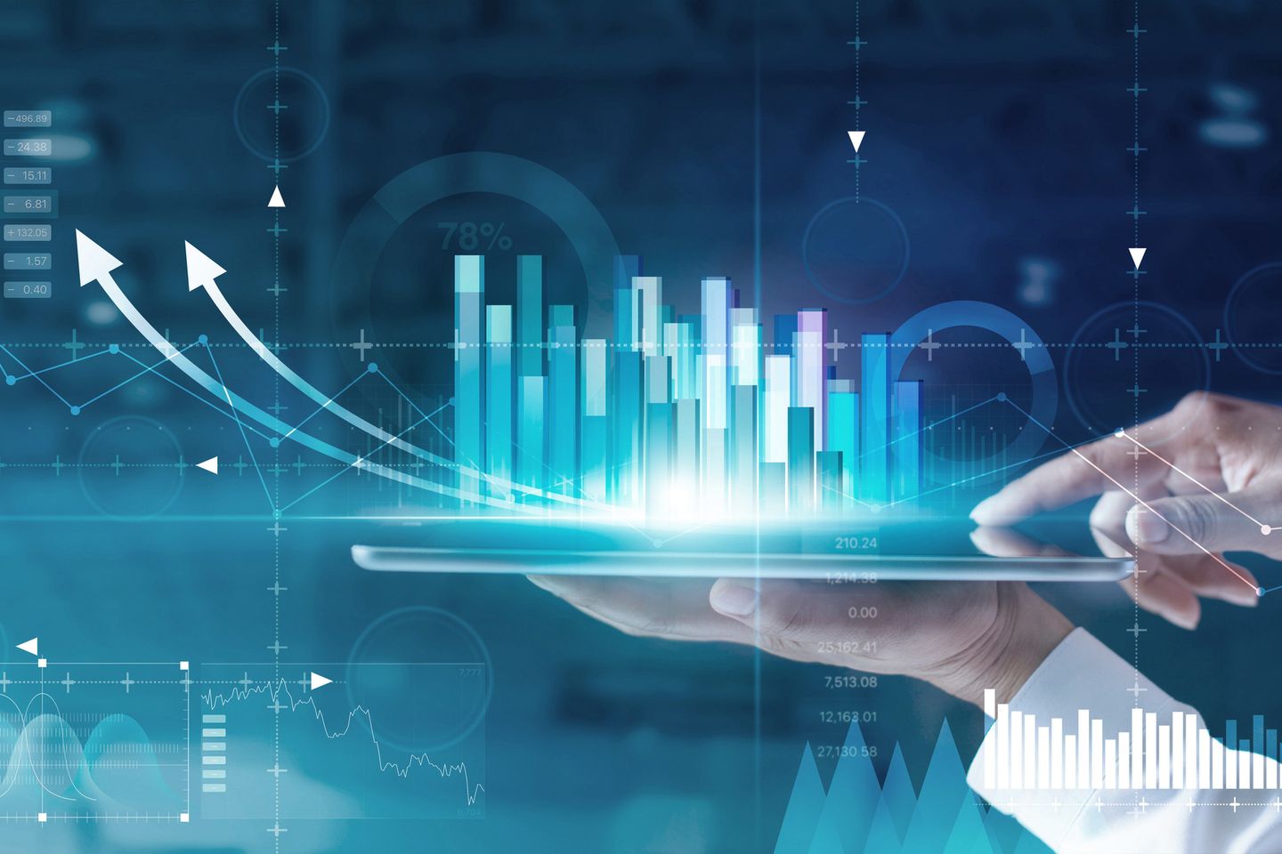Hands of businessman analyzing sales data and economic growth graph chart on tablet and hologram screen. Business strategy and digital data, business technology, digital marketing.