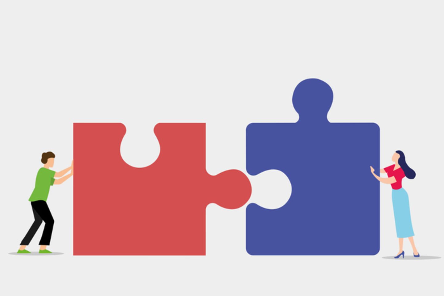 Teamwork concept, people connecting piece puzzle elements. Business leadership, partnership illustration. Man and woman working together with giant puzzle elements. Symbol of partnership and cooperation.