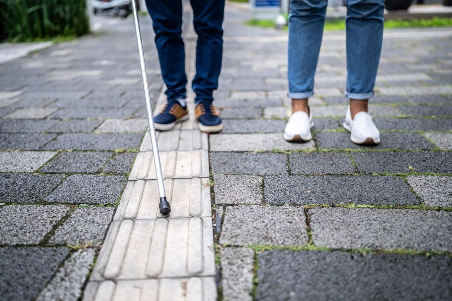 Low section of blind person and a companion walking in a podotactil inclusive side walk BLOG