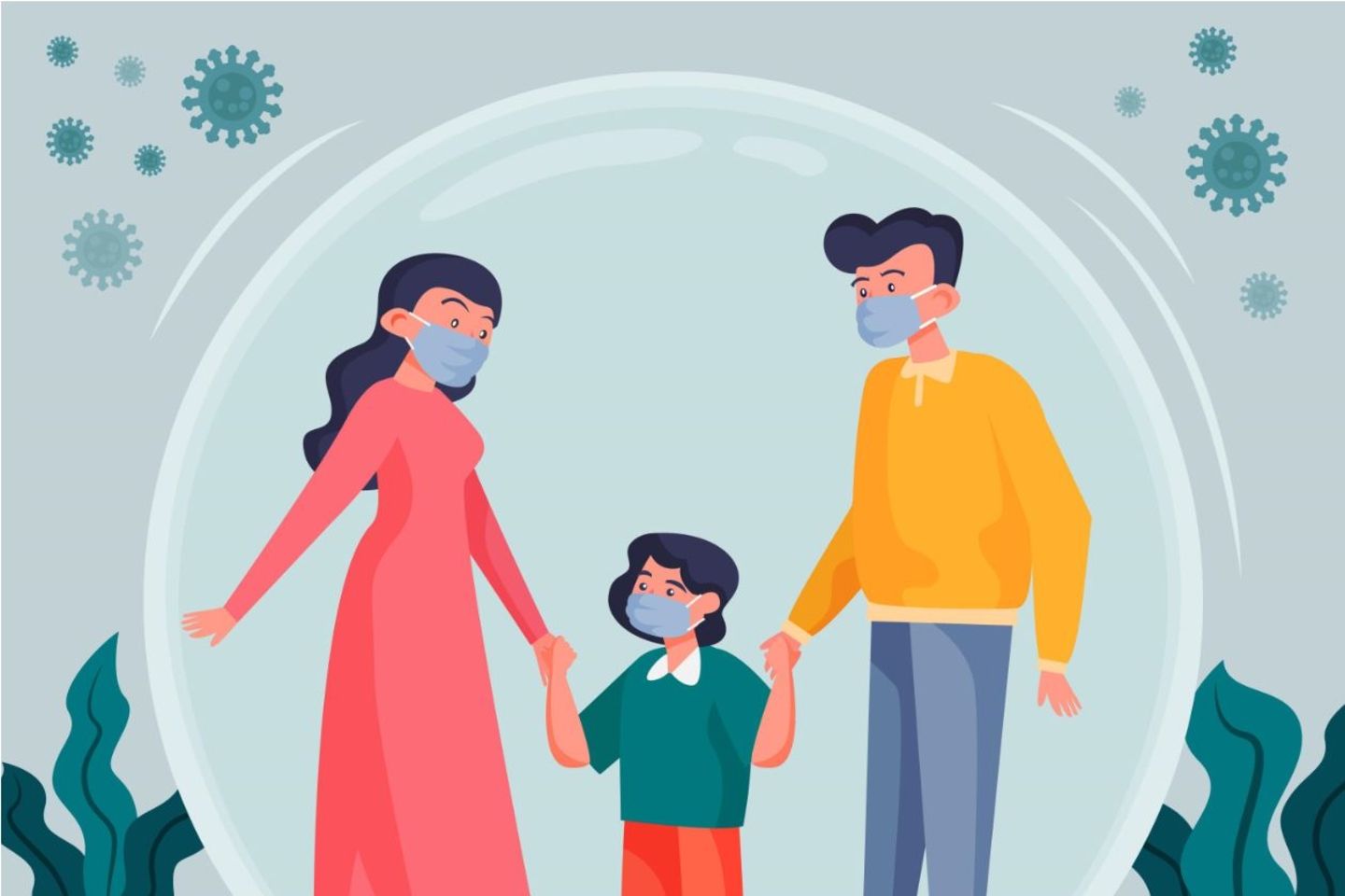 Niño y sus padres usando máscaras protectoras tomados de la mano