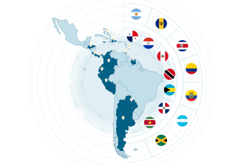 A map of the Latin America with flags. Regional integration - Inter-American Development Bank - IDB