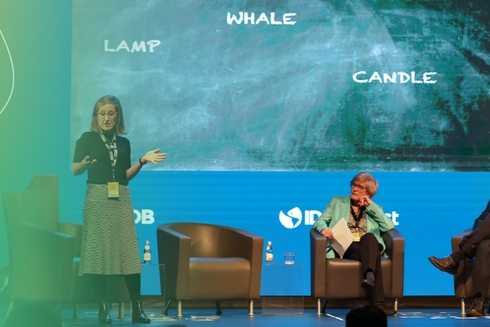 A person standing in front of a large screen. Institutional - Inter-American Development Bank - IDB