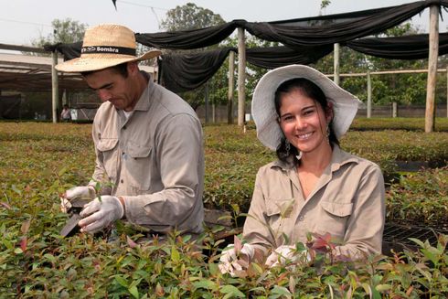 Two persons working in a garden and smiling. IDB