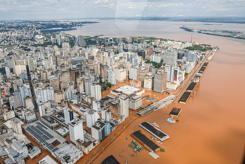Aerial photo of Río Grande de Sur highlighting the flooded areas - Inter-American Development Bank - IDB