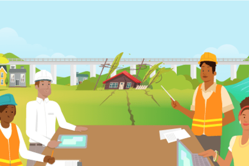 People in park and lake color illustration - Inter American Development Bank - Environmental and Social Solutions