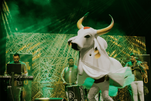 Person dressed as a bull or cattle on stage - Inter American Development Bank - Amazonia