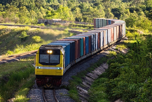 Front view of a freight train passing through a forest - Inter American Development Bank - Regional Integration
