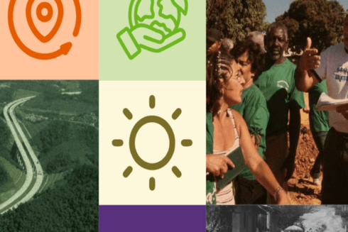 Collage photo for people, highway, and sun and earth icons - Inter American Development Bank - IDB Environmental and Social