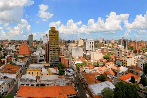 Overview of a downtown, brick buildings