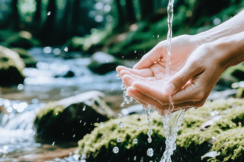 Palms of a person's hands outstretched, receiving a stream of water, with a view of a river in the backgroundn - Inter American Development Bank - Disaster Risk Management