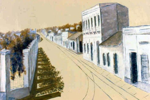 Painting of a village with a road through white houses - Inter American Development Bank - Civil Society