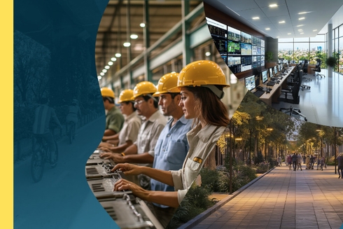 Collage of people wearing hard hats working, offices and pedestrian walkways - Inter American Development Bank - Urban Development and Housing