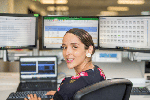 Professional working with data and digital systems on multiple computer screens IDB