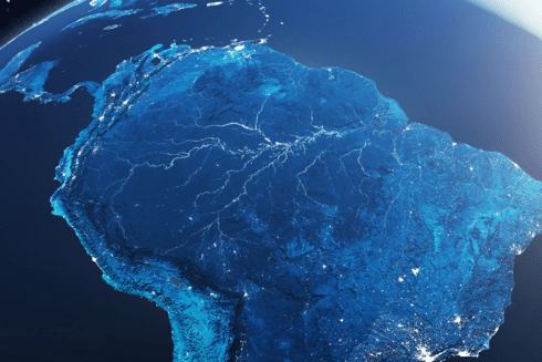 Satellite view of Latin America and the Caribbean from space highlighting the region at sunrise IDB