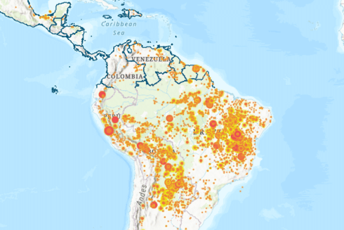 Map of Latin America and the Caribbean displaying geospatial project data and activity indicators across the region IDB
