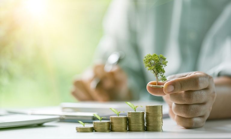 Man sitting holding a plant in his hand and stacked coins nearby - Inter American Development Bank - IDB Biodiversity