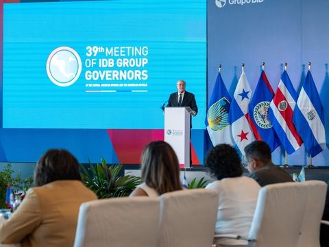 IDB Group President Ilan Goldfajn delivers remarks at the meeting.